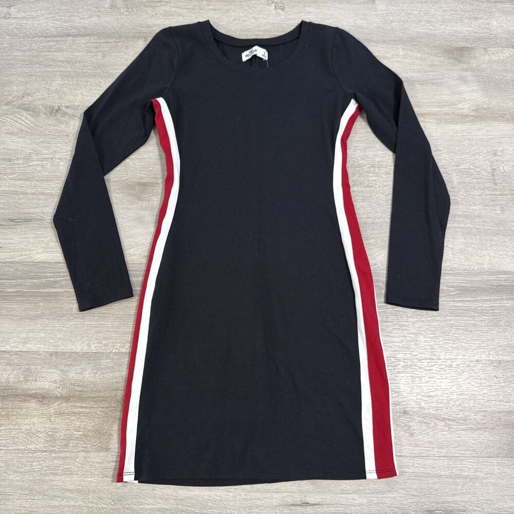 Hollister Dress Women’s Small Black Bodycon Mini Long Sleeve Red White Stripe